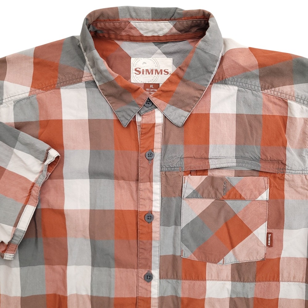Simms Fishing Button Up Shirt Mens XL Red Gray Plaid Performance Tencel Hiking